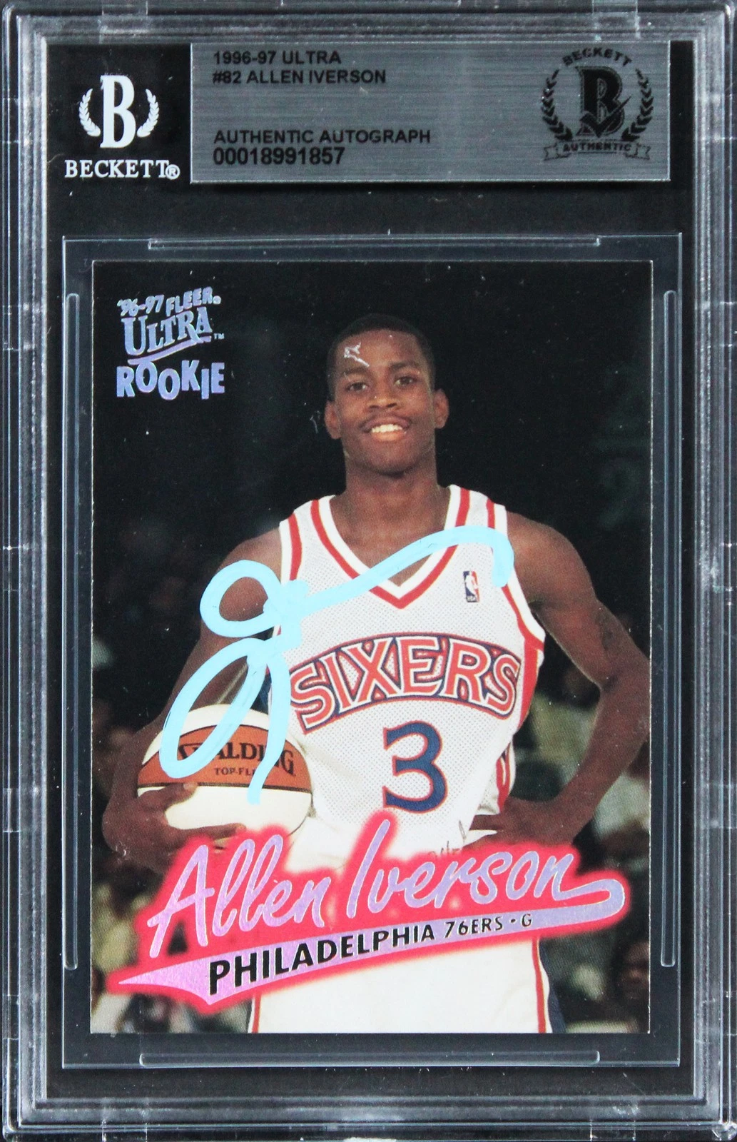 76ERS ALLEN IVERSON AUTHENTIC SIGNED 1996 ULTRA #82 ROOKIE CARD BAS SLABBED COLLECTIBLE MEMORABILIA