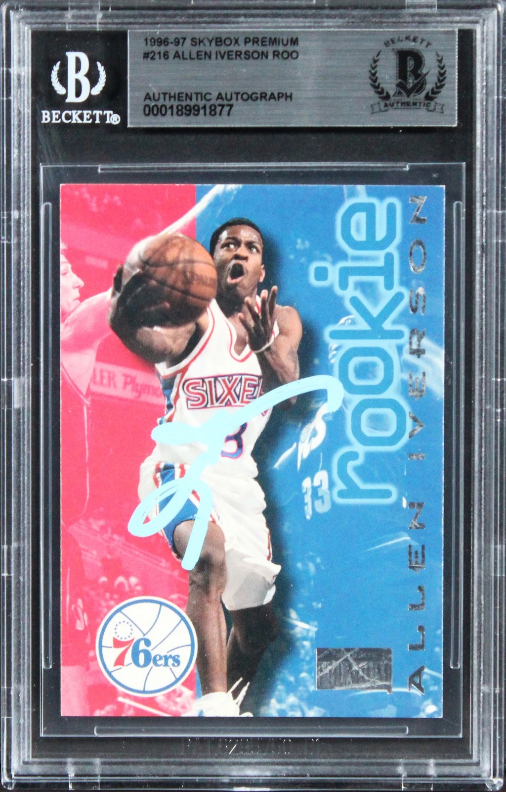 76ERS ALLEN IVERSON SIGNED 1996 SKYBOX PREMIUM #216 ROOKIE CARD BAS SLABBED COLLECTIBLE MEMORABILIA