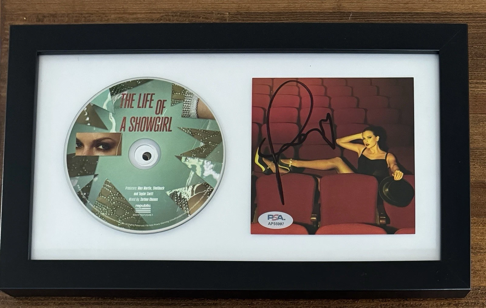 FRAMED SIGNED HEART TAYLOR SWIFT LIFE OF SHOWGIRL #4 PHOTOGRAPH & CD PSA DNA COA