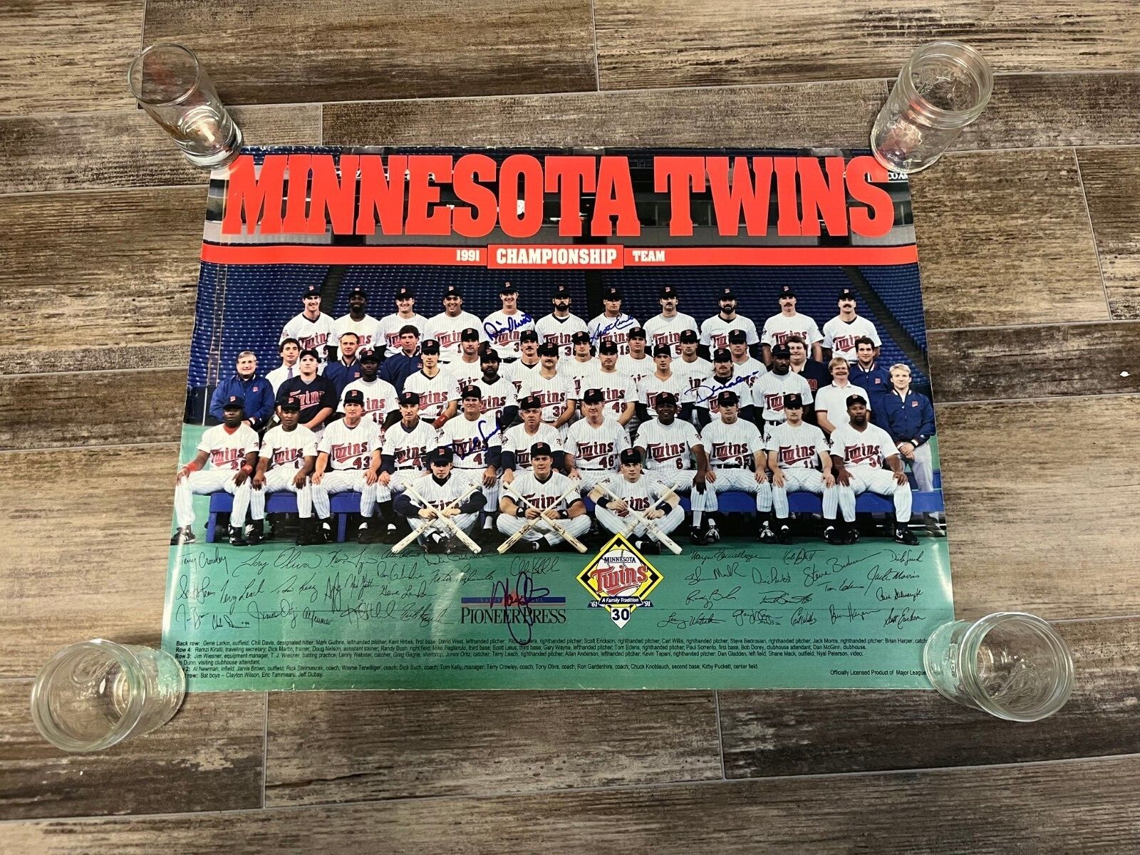 * 1991 MINNESOTA TWINS * signed poster * WORLD SERIES CHAMPIONS * 5 AUTOGRAPHS *