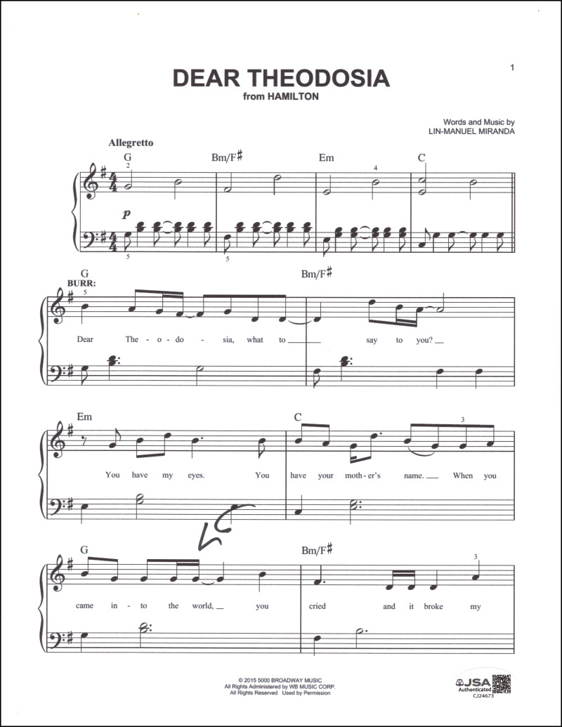 Lin-Manuel Miranda Signed Autograph Hamilton Dear Theodosia Sheet Music JSA COA