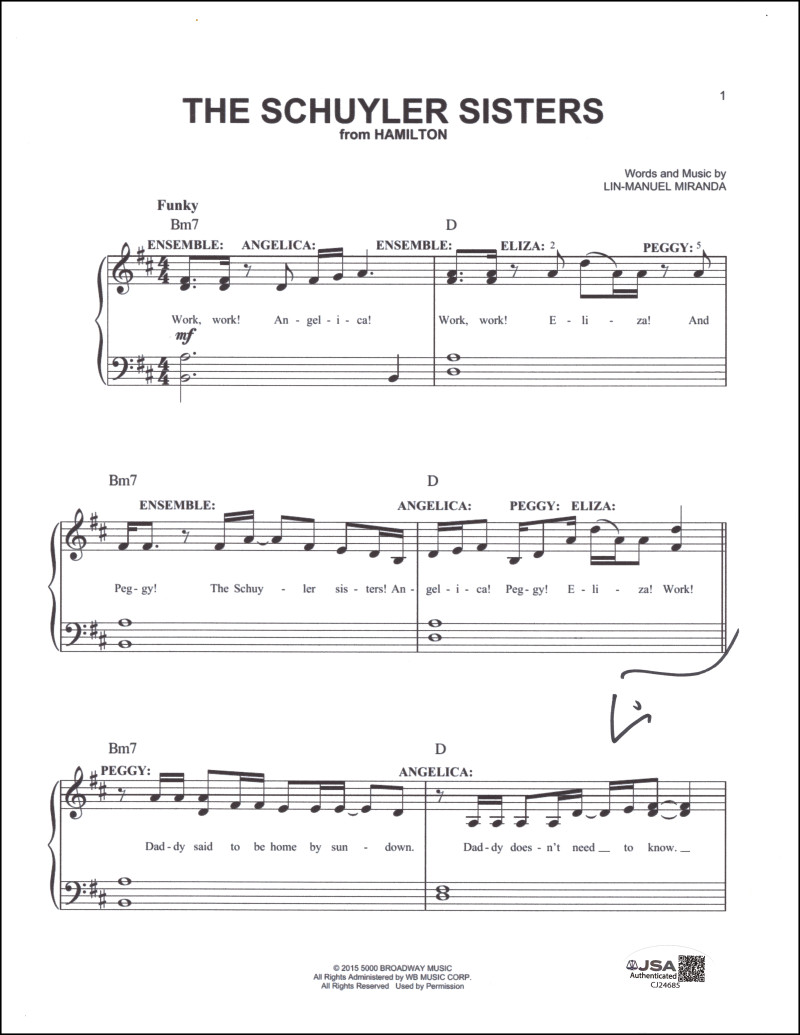 Lin-Manuel Miranda Signed Autograph Hamilton Schuyler Sisters Sheet Music w/ JSA