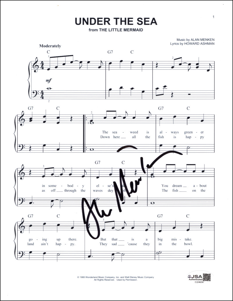 Alan Menken Signed Autograph Little Mermaid Under the Sea Sheet Music w/ JSA COA