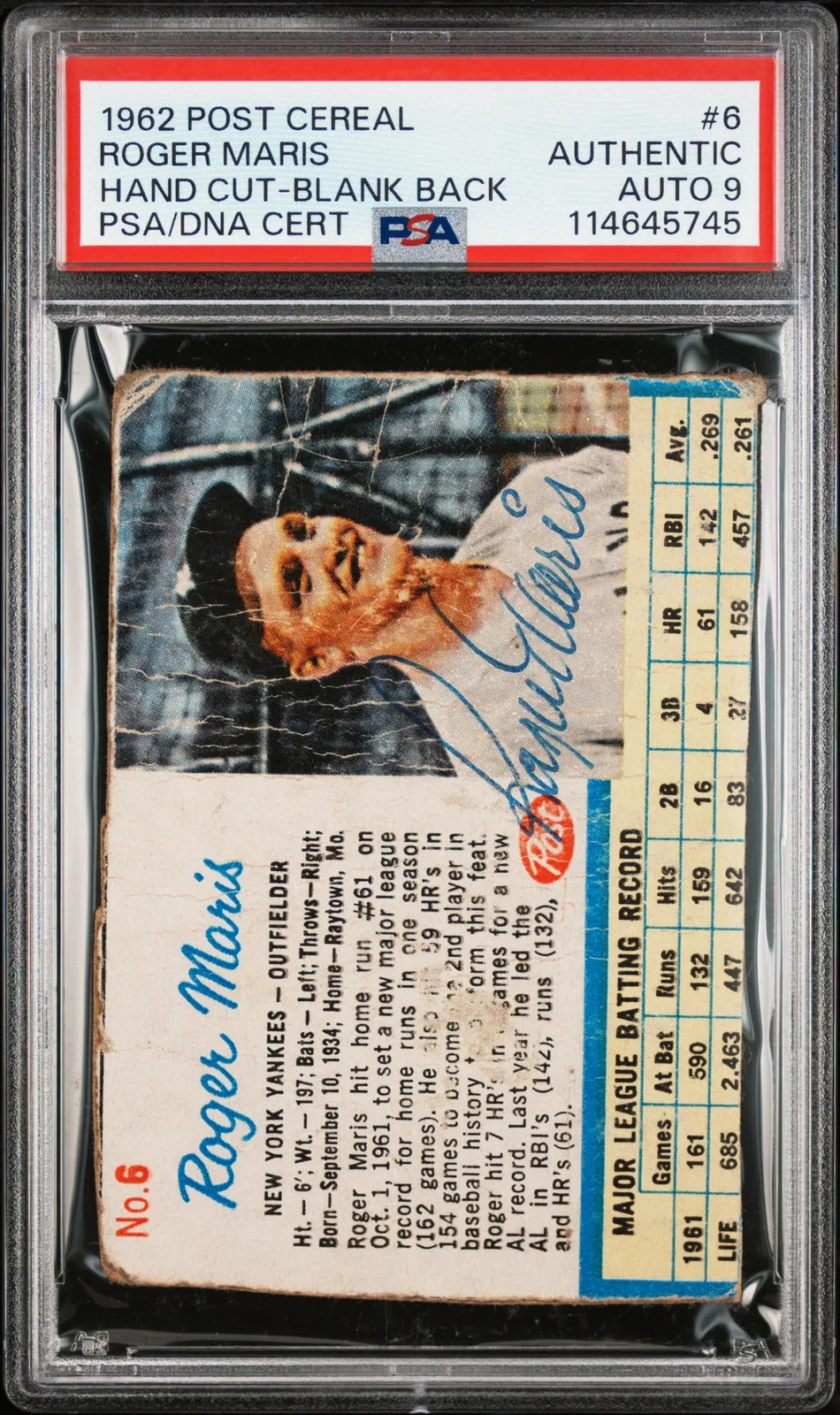Roger Maris 1962 Post Cereal Hand Cut Blank Back#6 Signed Card PSA A Auto 9 Auto