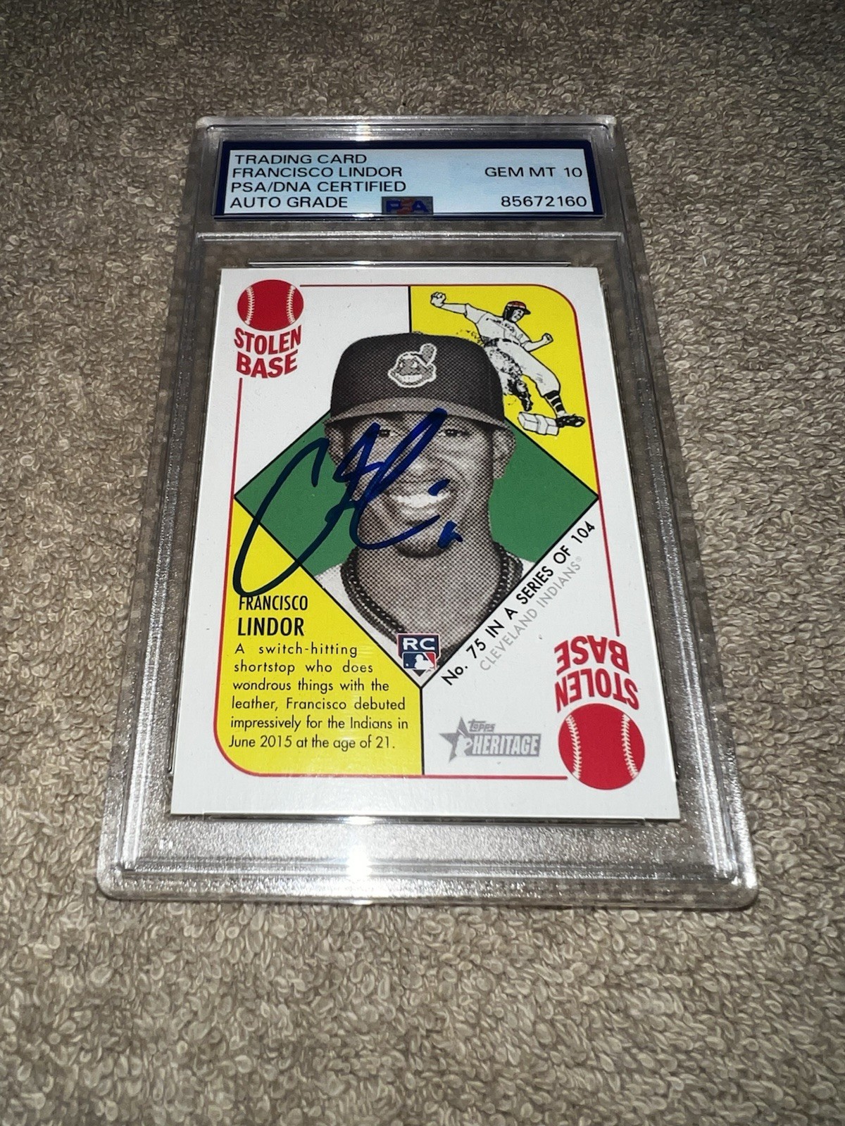 Francisco Lindor Signed 2015 Topps Heritage Trading Card Rookie PSA/DNA Auto 10