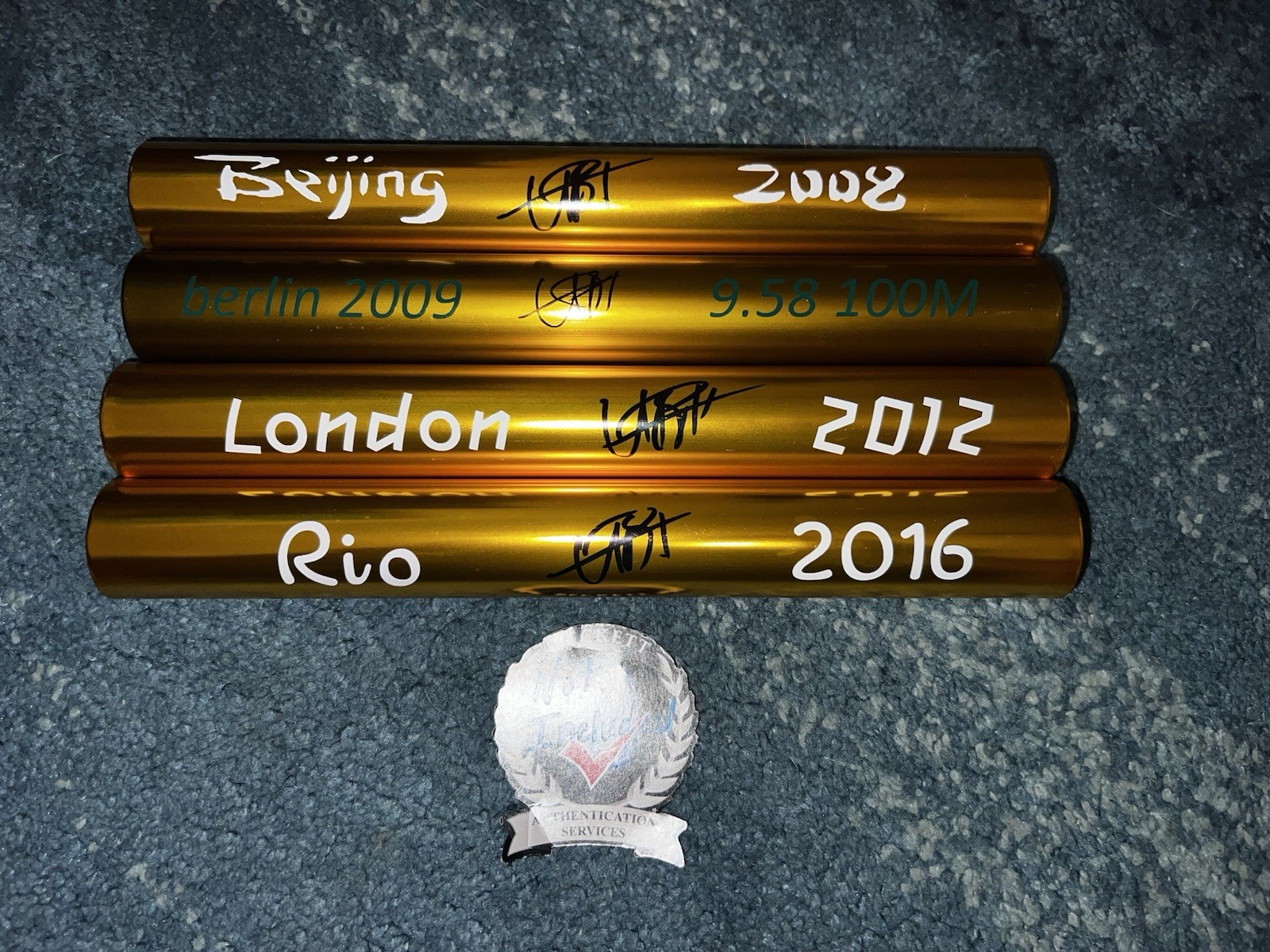 Usain Bolt Signed Gold Baton Set Beijing, Berlin, London & Rio 🇯🇲 Beckett