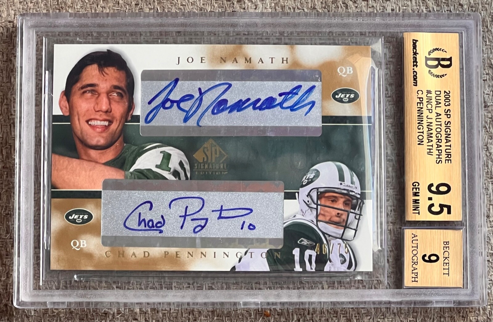 Joe Namath Chad Pennington 2003 SP Signatures Dual Autos #75 Beckett BAS Slab