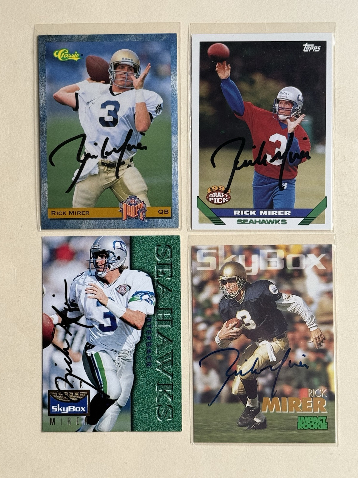 4x Rick Mirer SIGNED Autographed Notre Dame Seahawks Card lot of 4 W 3 Rookies