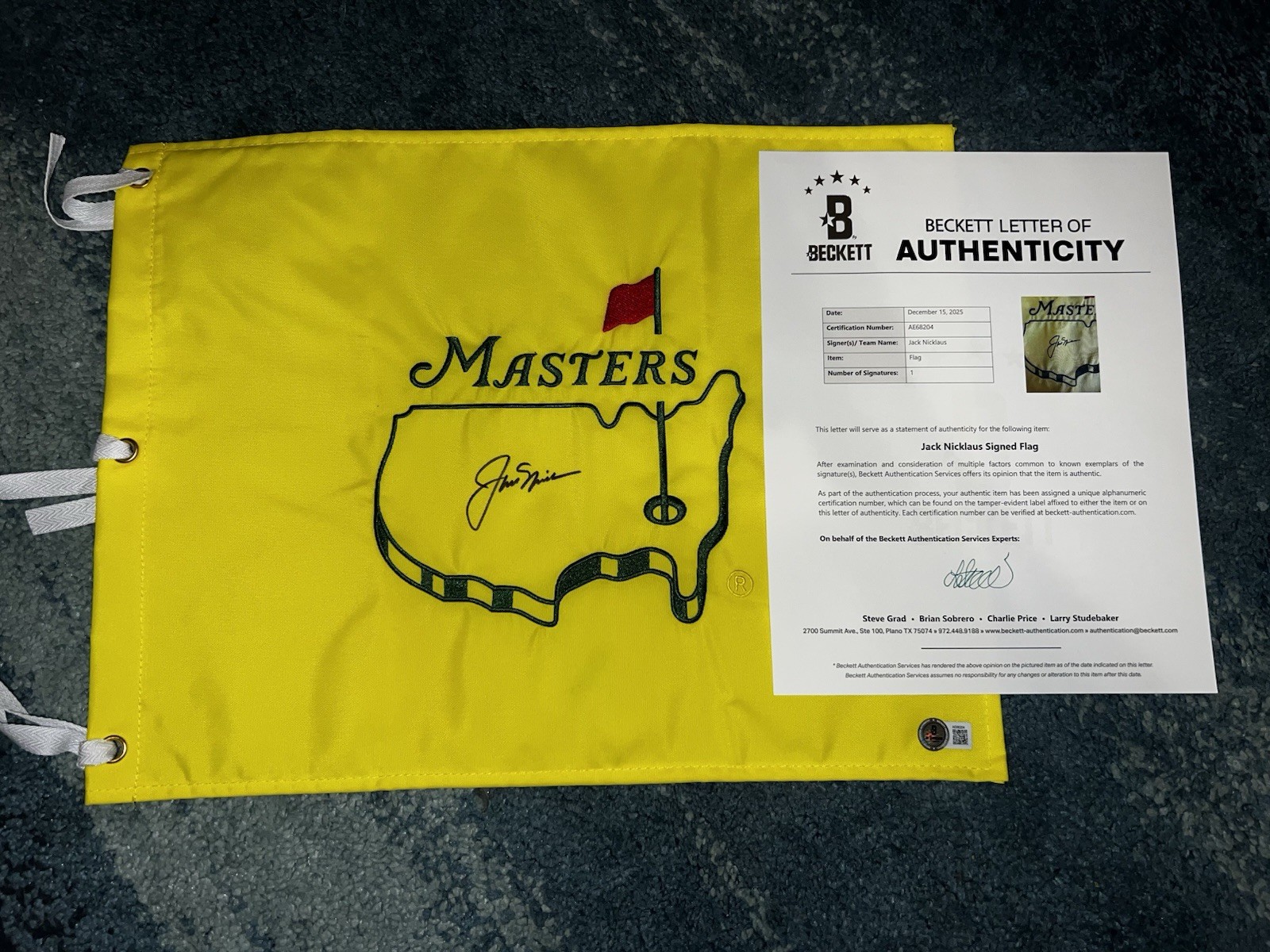 Jack Nicklaus Signed Undated Masters Flag 6x Masters Champ Legend Beckett #2