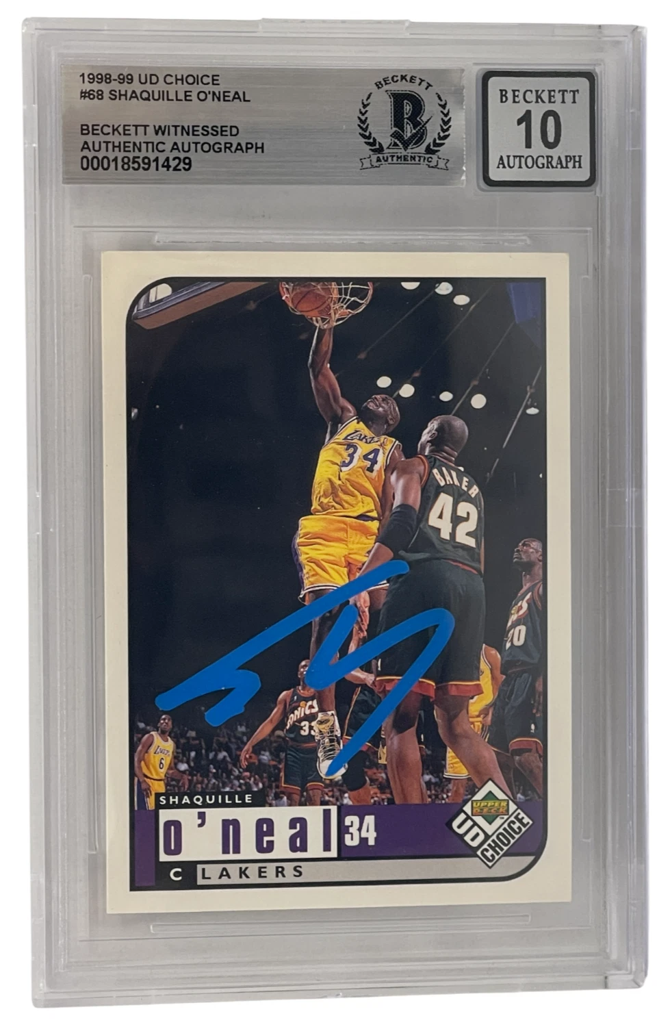 Shaquille O'Neal Signed 1998-99 UD Choice #68 Lakers BAS Slabbed Auto Grade 10