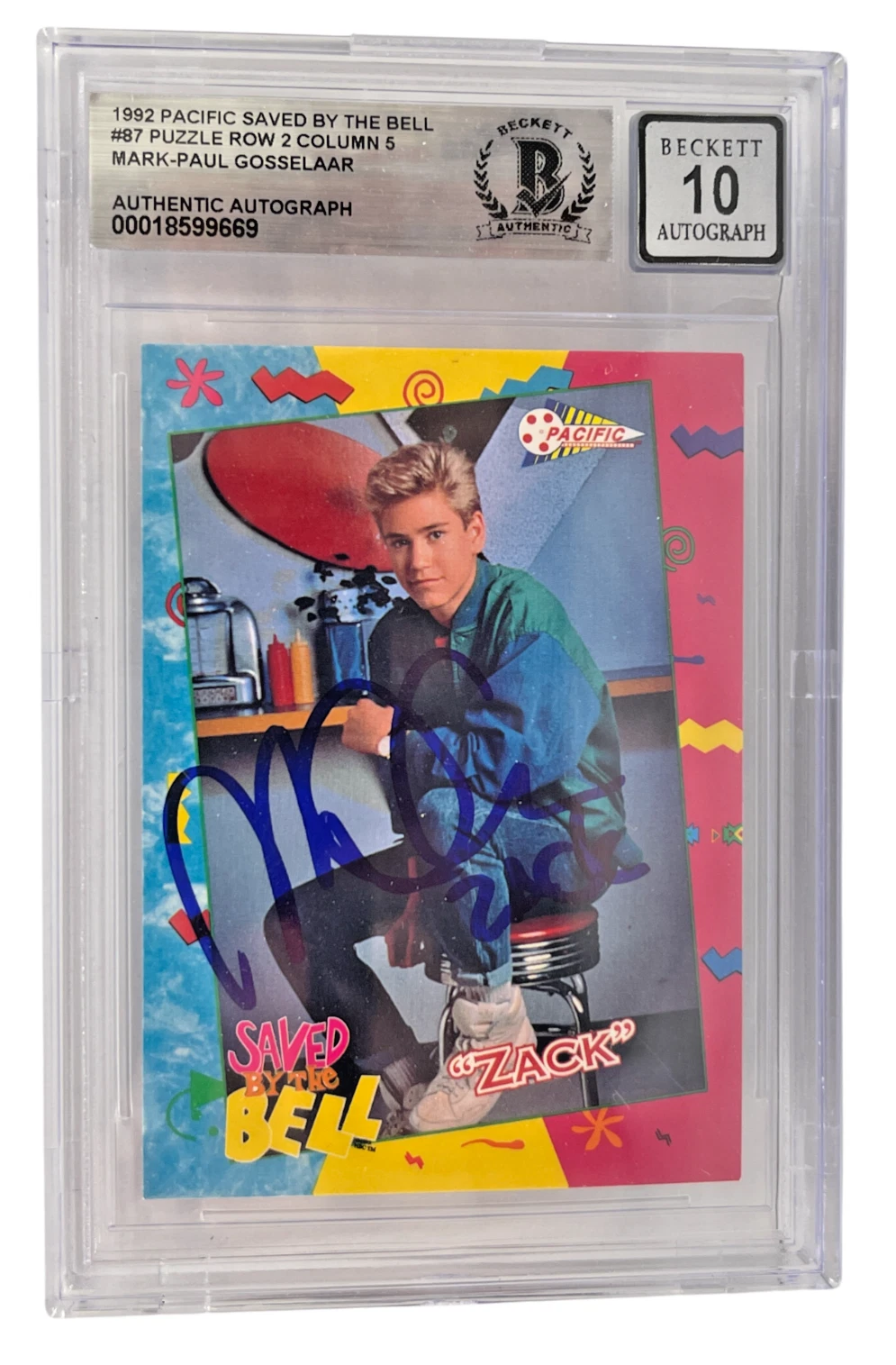 Mark-Paul Gosselaar Signed Saved by the Bell 1992 Pacific Card #87 Beckett 10