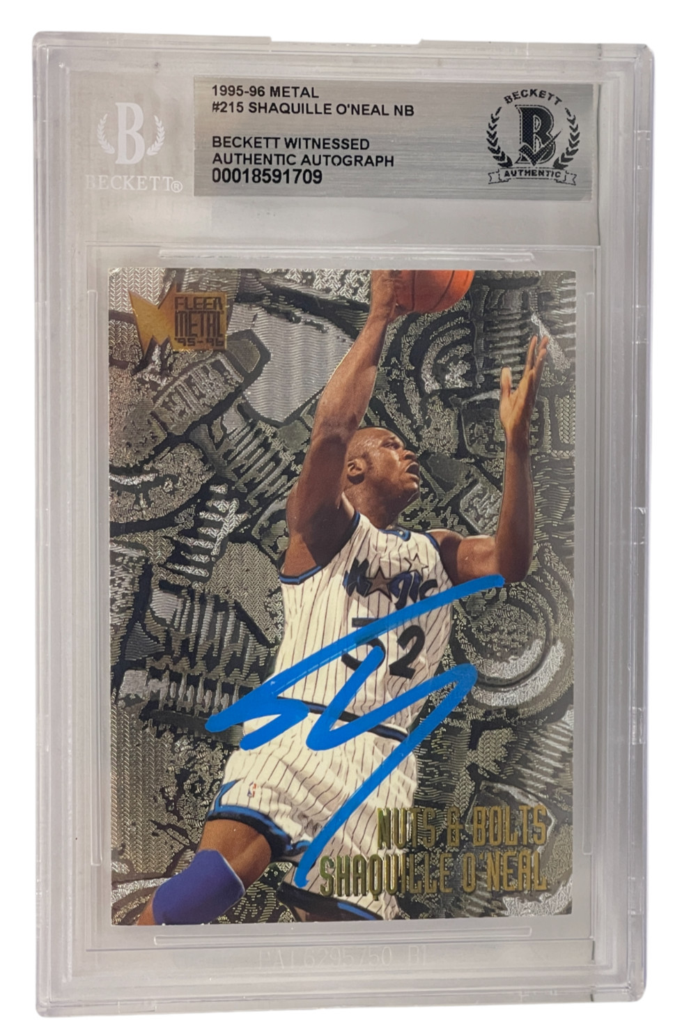 Shaquille O'Neal Signed 1995-96 Fleer Metal #215 Magic Beckett Witness Slabbed