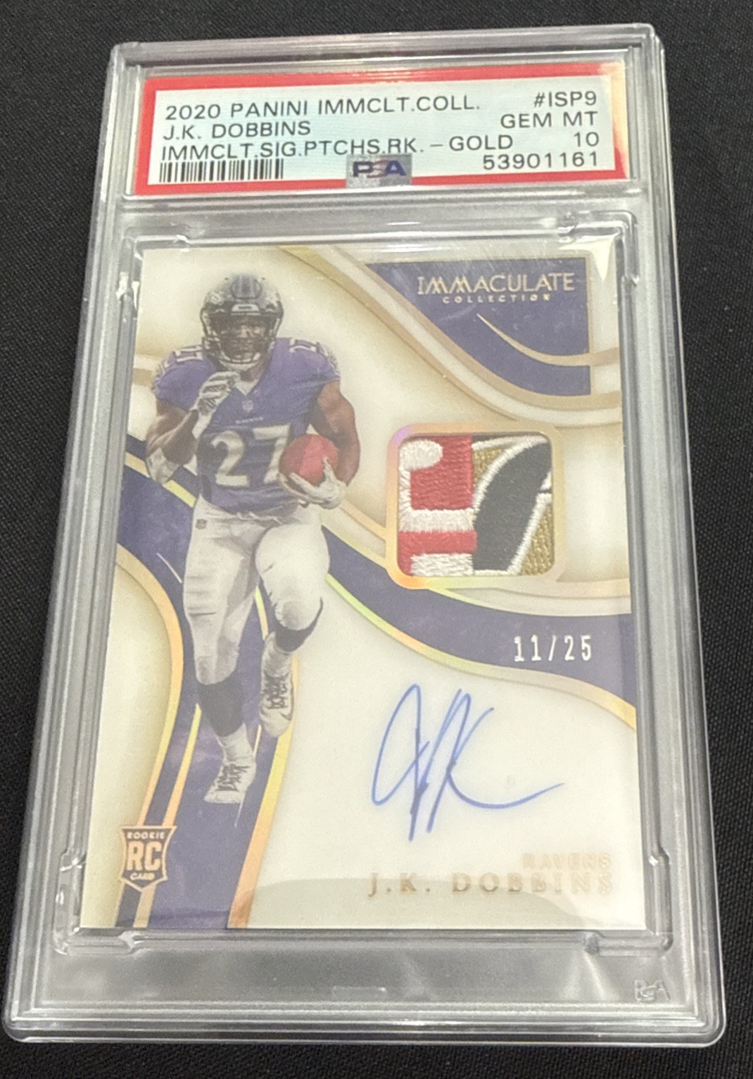 2020 Panini Immaculate JK Dobbins RPA Rookie Patch Auto Ravens Logo /25 PSA 10