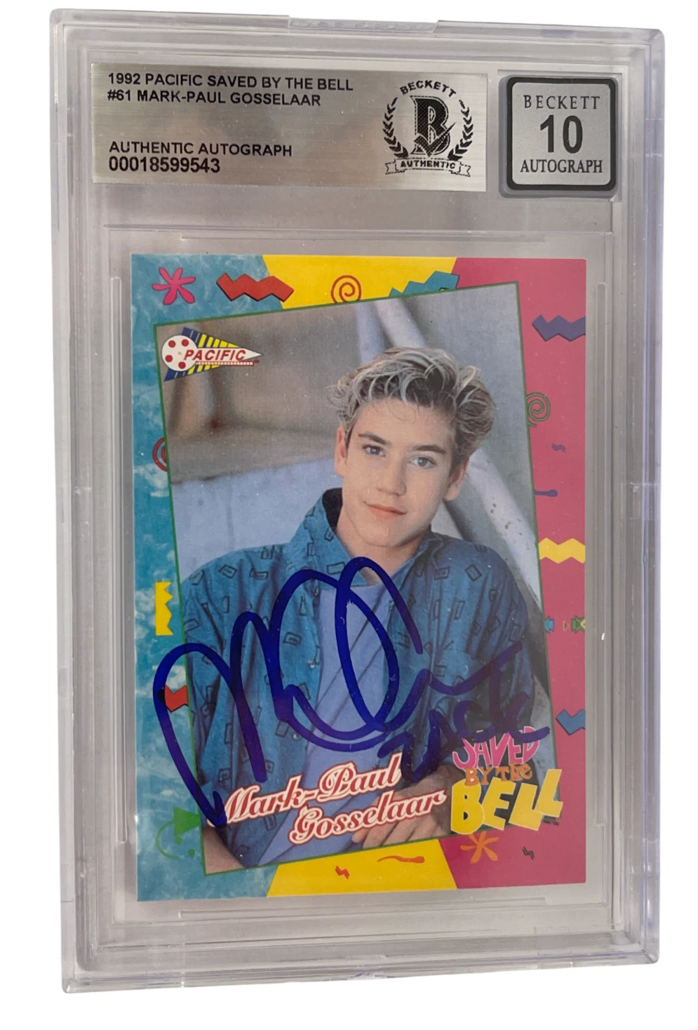 Mark-Paul Gosselaar Signed Saved by the Bell 1992 Pacific Card #61 Beckett 10