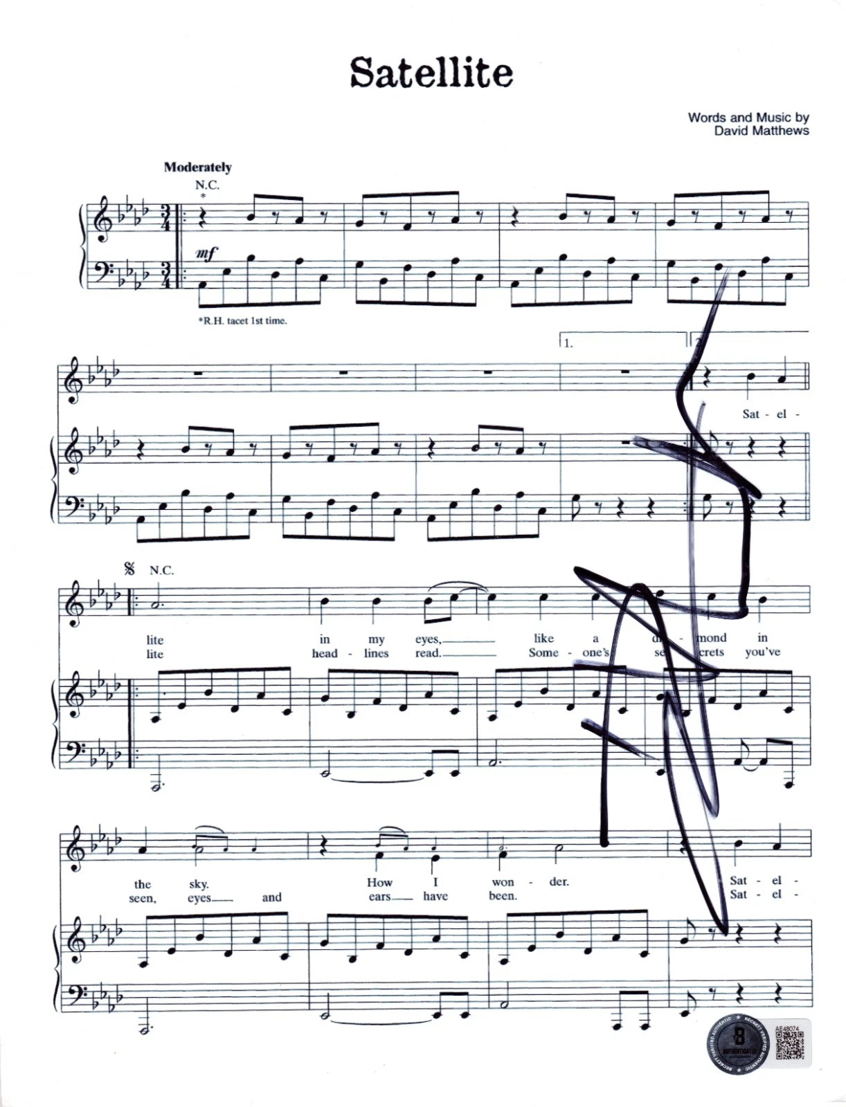 Dave Matthews Signed Satellite Sheet Music DMB Authentic Autograph Beckett LOA