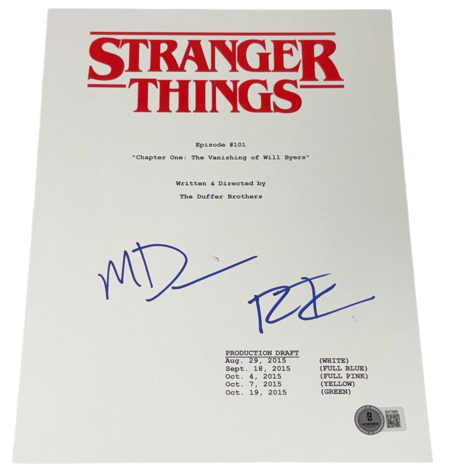 The Duffer Brothers Signed Autograph Stranger Things Pilot Script Matt Ross BAS