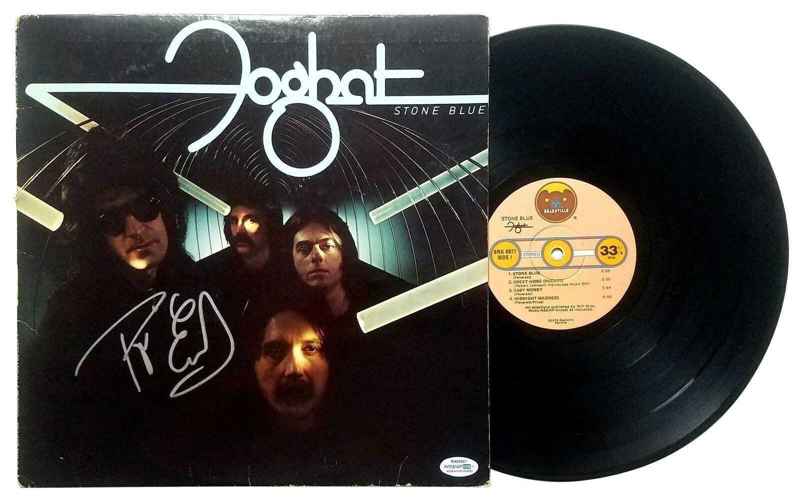 Foghat Roger Earl Signed Autographed Stone Blue Album LP ACOA