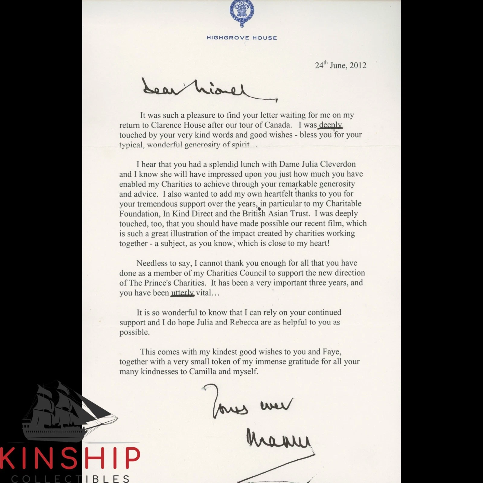 King Charles III signed Highgrove House Typed Letter JSA LOA Bold Auto Z2482