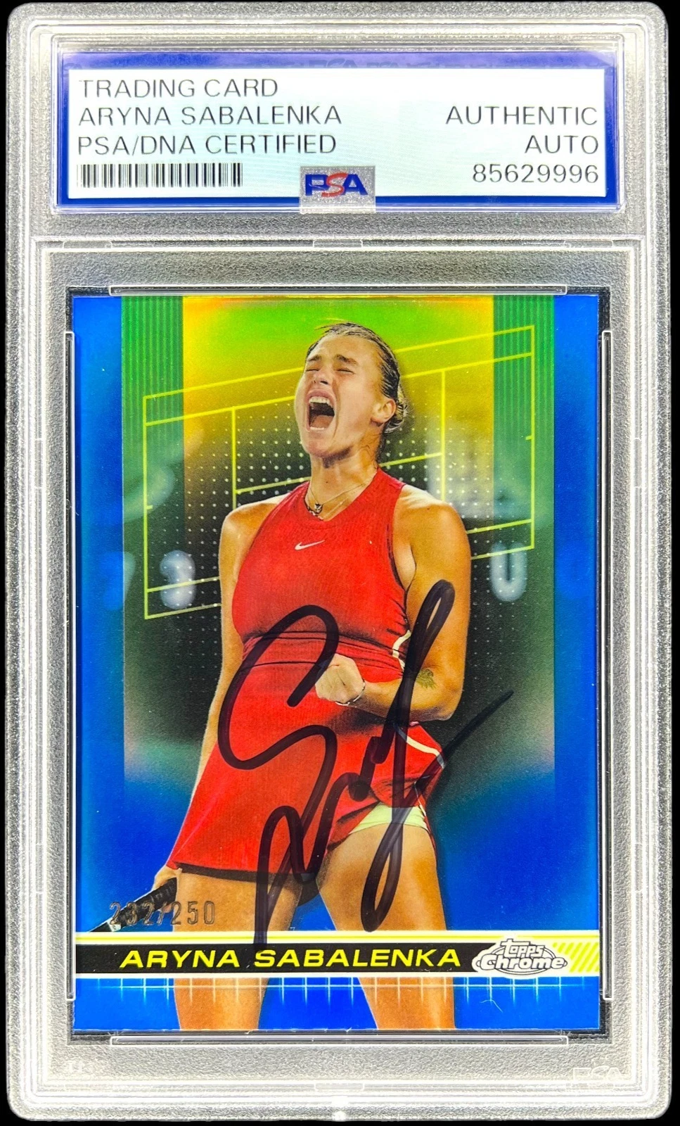 ARYNA SABALENKA SIGNED 2024 TOPPS CHROME #21 BLUE REFRACTOR /250 AUTO PSA