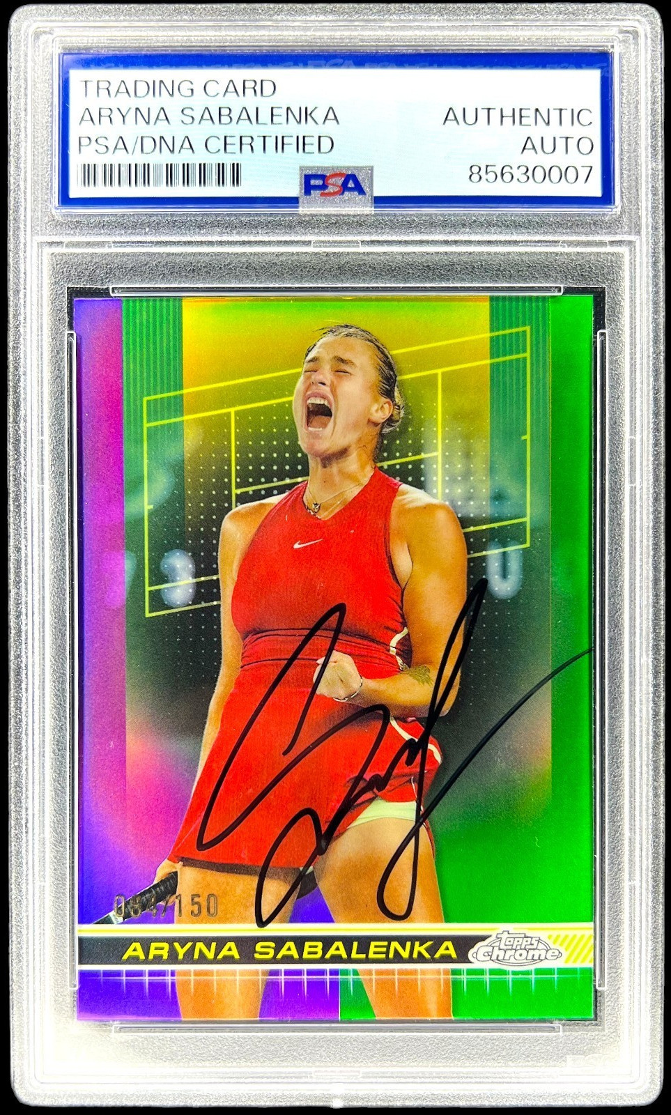 ARYNA SABALENKA SIGNED 2024 TOPPS CHROME 21 PURPLE GREEN REFRACTOR /150 AUTO PSA