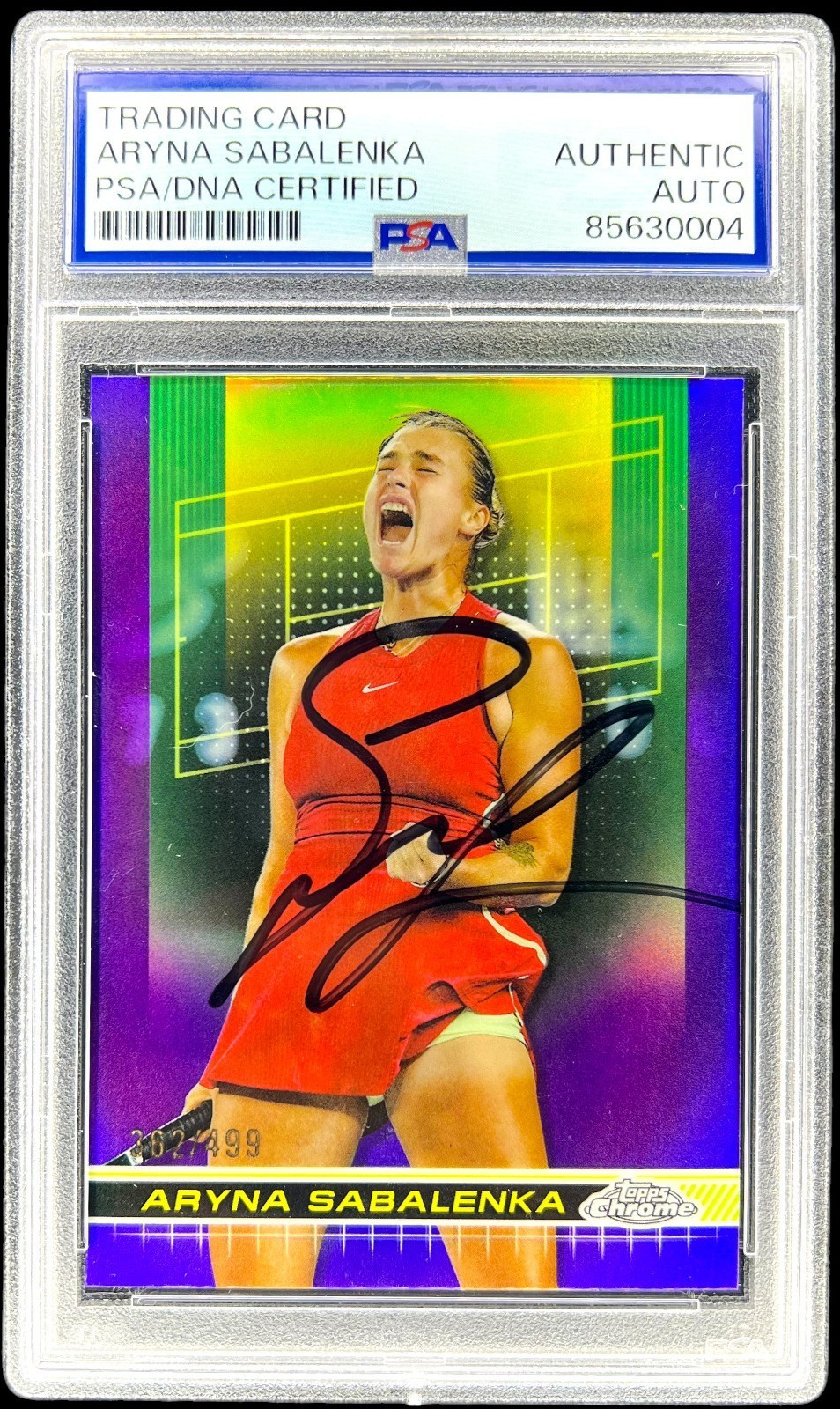 2024 TOPPS CHROME #21 PURPLE REFRACTOR ARYNA SABALENKA SIGNED /499 AUTO PSA/DNA