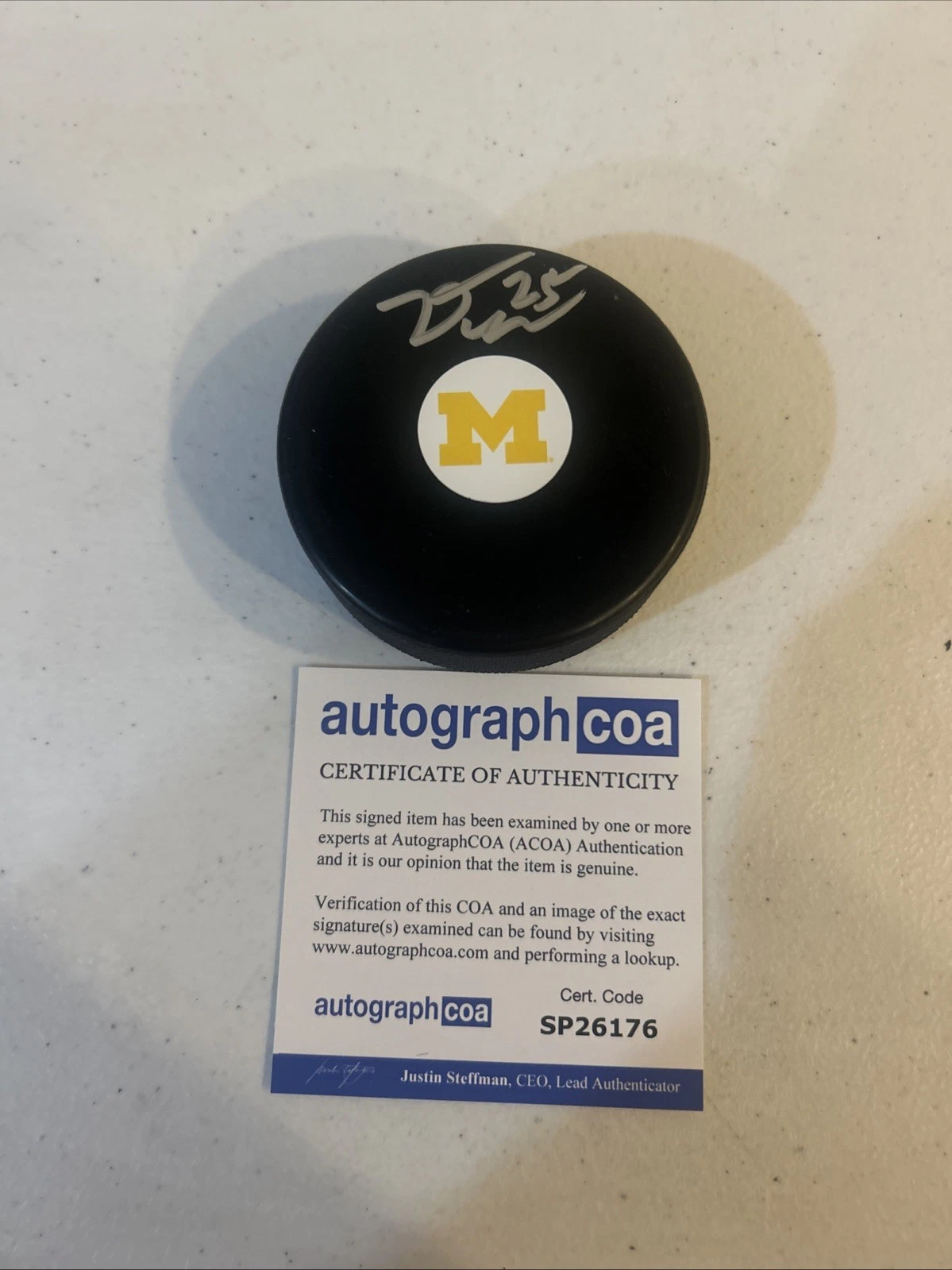 MICHIGAN WOLVERINES- DYLAN DUKE SIGNED AUTOGRAPH HOCKEY PUCK ACOA LIGHTNING