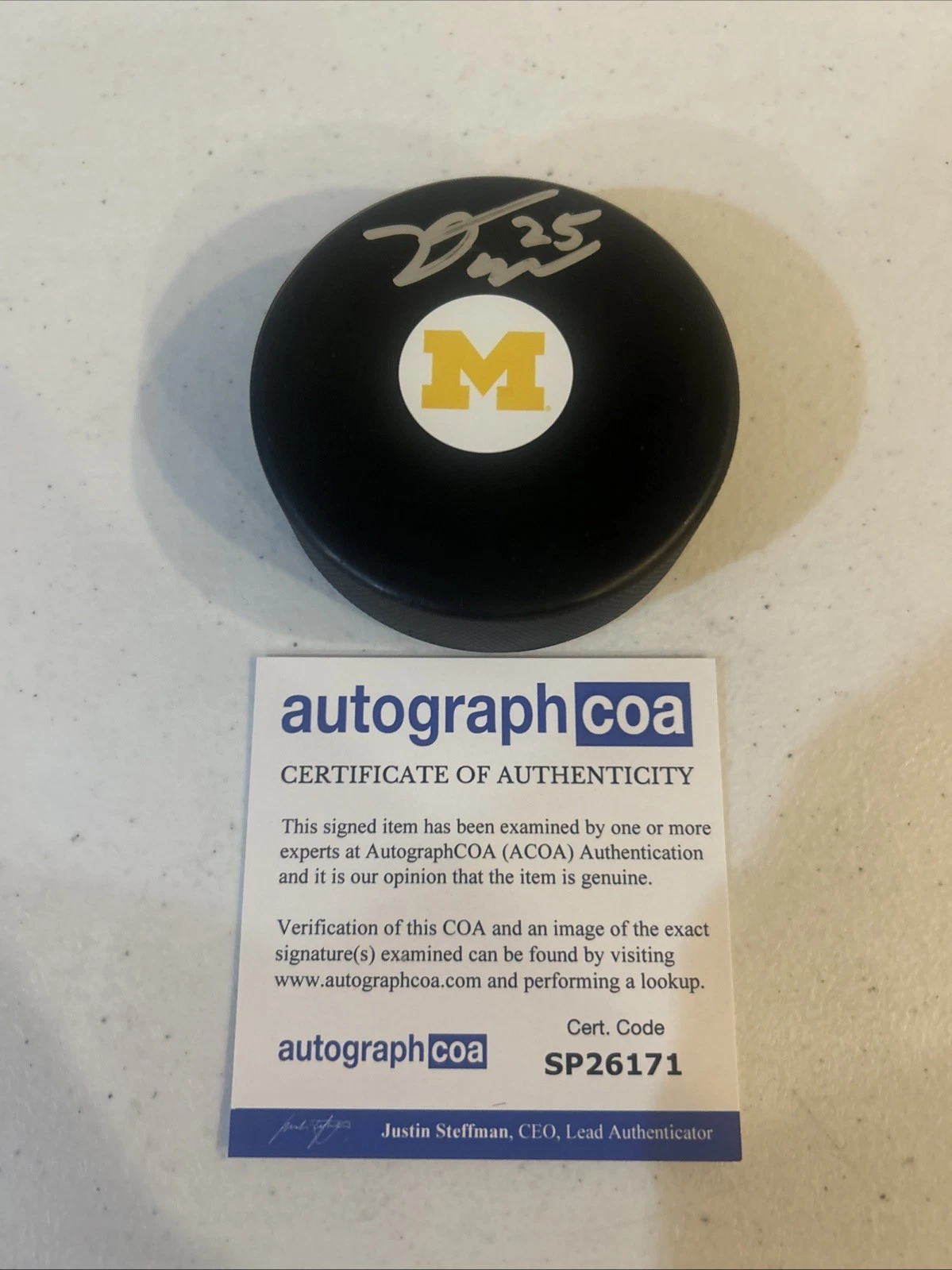 MICHIGAN WOLVERINES- DYLAN DUKE SIGNED AUTOGRAPH HOCKEY PUCK ACOA LIGHTNING