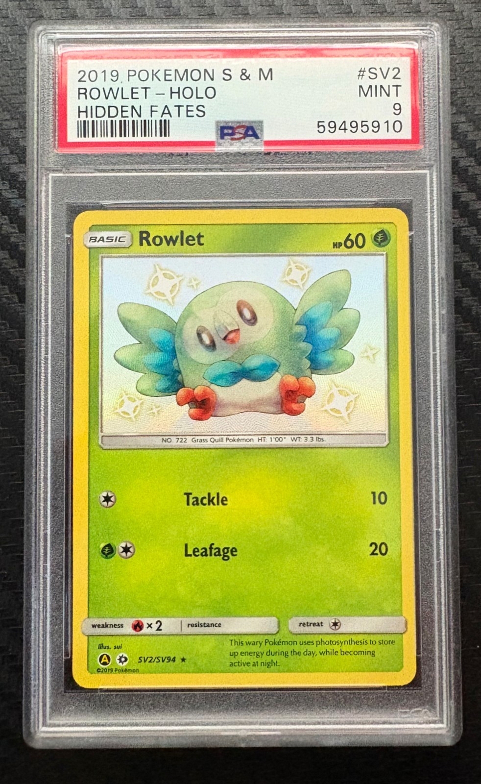 2019 Pokemon Sun Moon #SV2 Hidden Fates Rowlet PSA 9