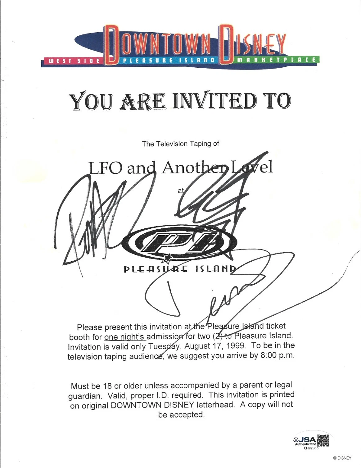 LFO band SIGNED Disney Another Level TV Taping Invitation #2 JSA COA Devin +