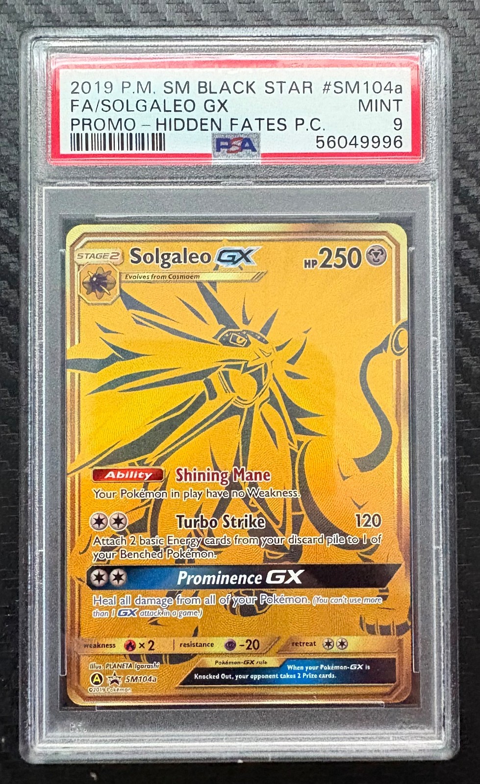 2019 Pokemon Black Star Promo Hidden Fates #SM104a Solgaleo GX PSA 9