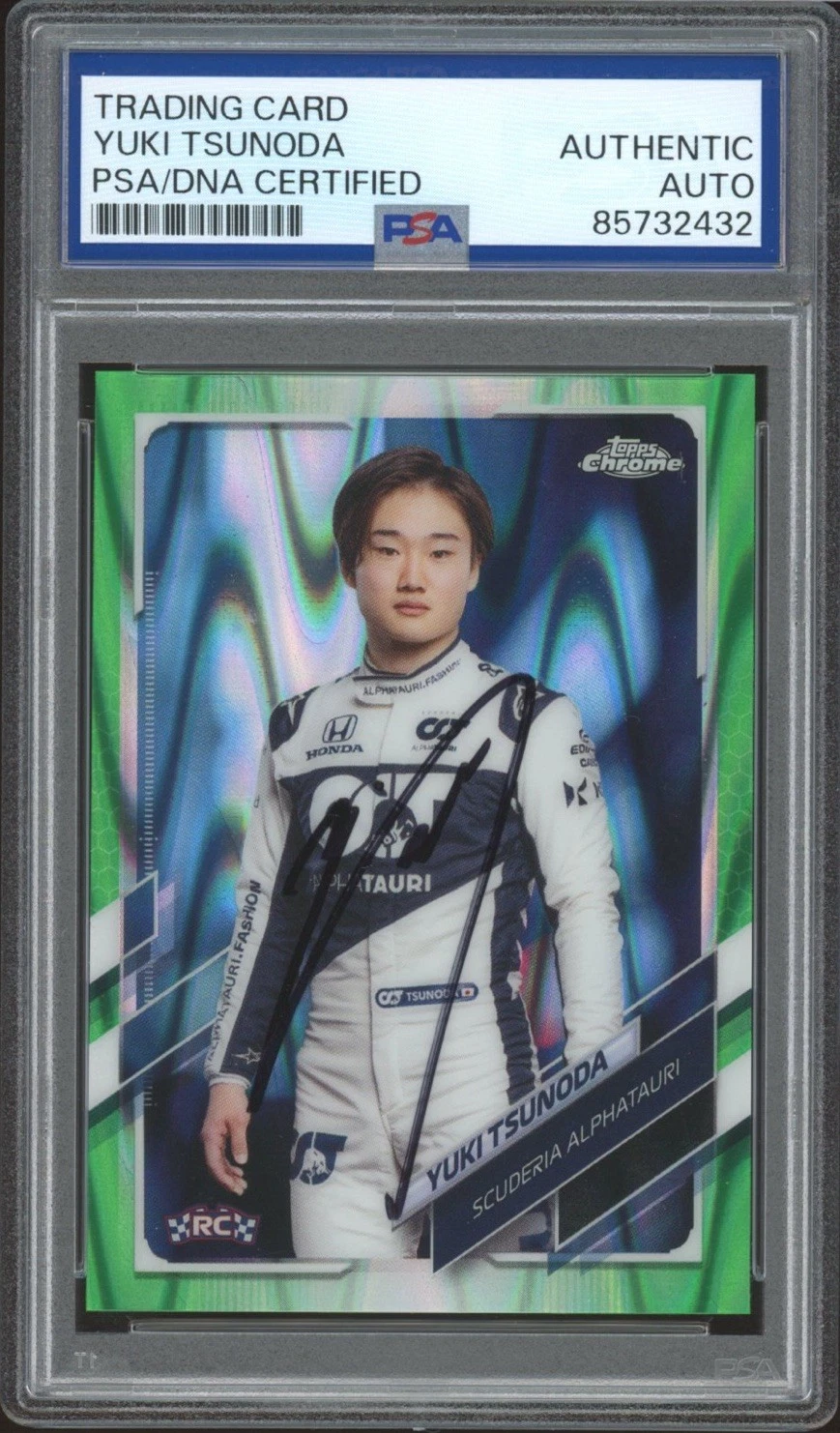 2021 Topps Chrome F1 #14 Yuki Tsunoda Signed Green RayWave Rookie /99 PSA AUTO