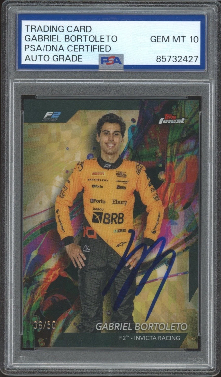 2024 Topps Finest F1 #28 Gabriel Bortoleto Signed Gold Rookie /50 PSA AUTO 10 RC