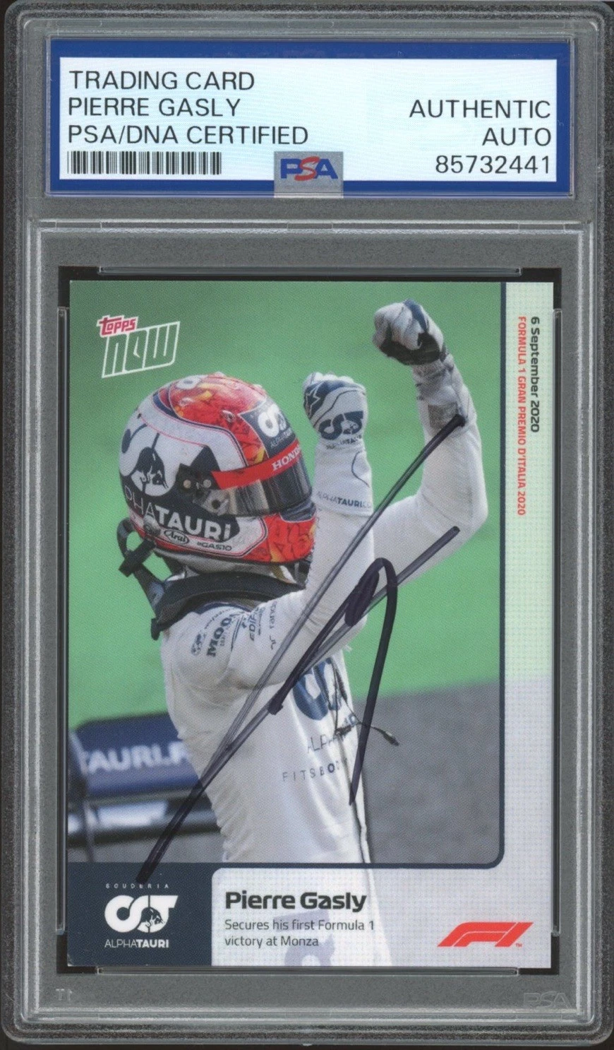 2020 Topps Now F1 #001 Pierre Gasly Signed 1st F1 Win Monza Grand Prix PSA AUTO
