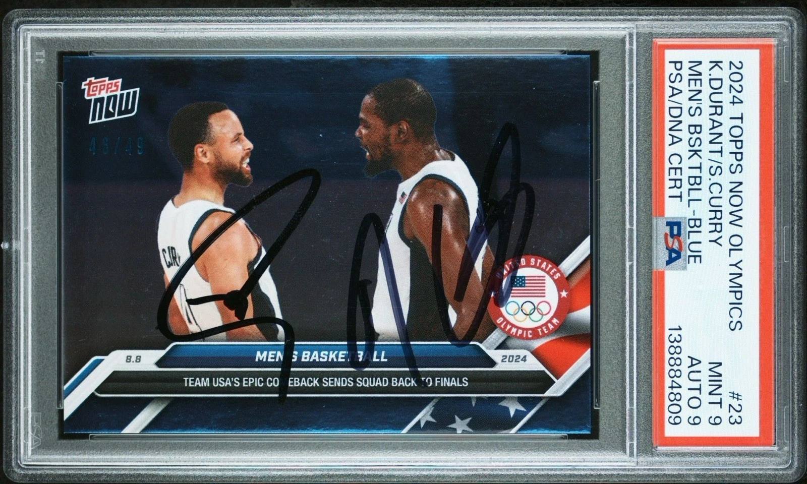 2024 Topps Now Olympics Stephen Curry & Kevin Durant USA Blue /49 PSA 9/AUTO 9