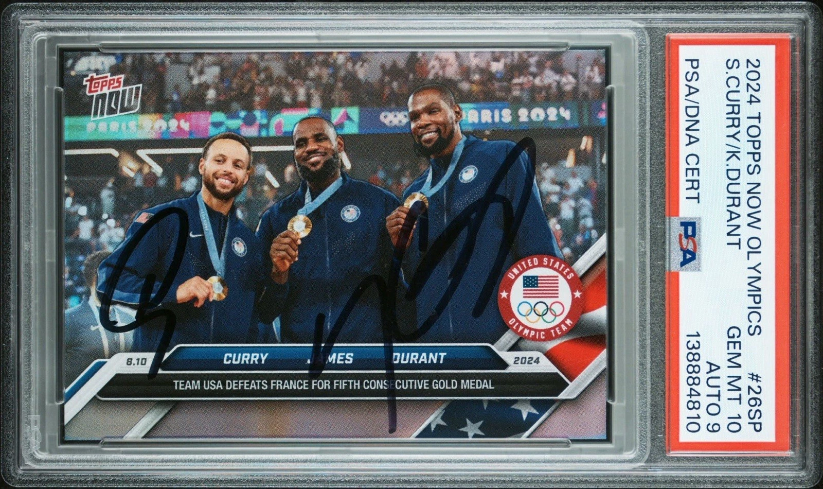 2024 Topps Now Olympics Stephen Curry/Kevin Durant USA Gold Medal PSA 10/AUTO 9