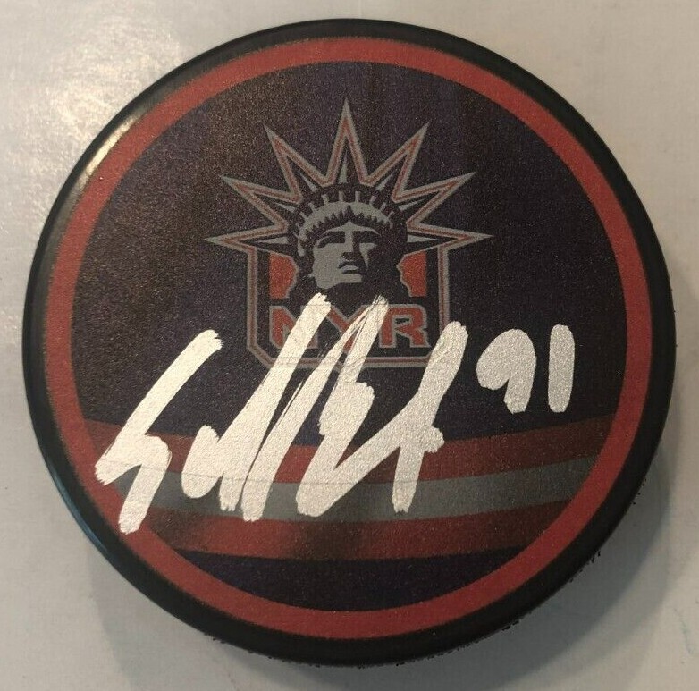 SAMMY BLAIS SIGNED NEW YORK RANGERS HOCKEY PUCK W/ CASE COA