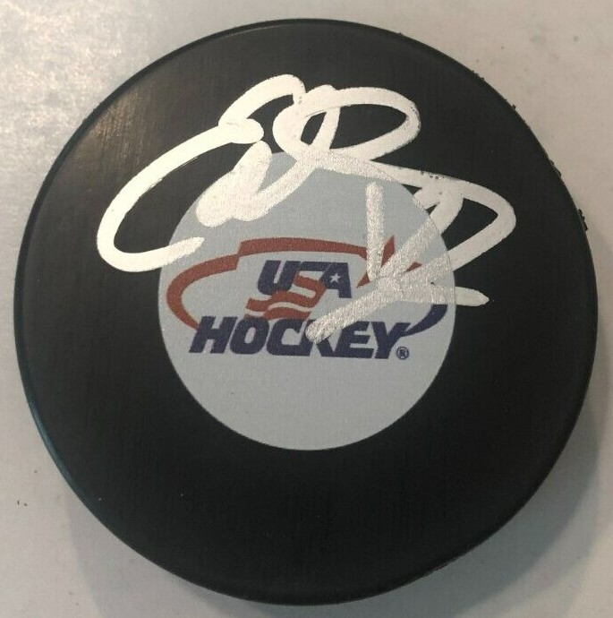 EDDIE OLCZYK SIGNED USA HOCKEY PUCK W/ CASE BLACKHAWKS JETS PENGUINS RANGERS COA
