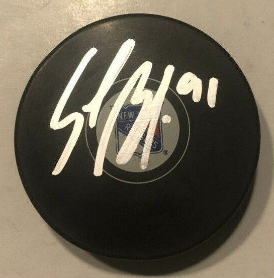 SAMMY BLAIS SIGNED NEW YORK RANGERS HOCKEY PUCK W/ CASE COA