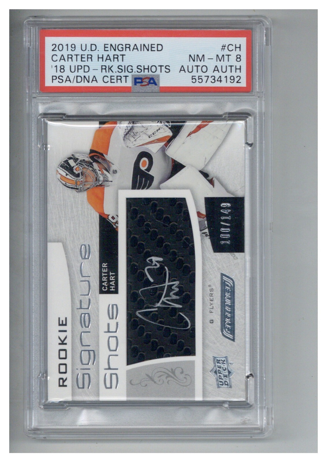 2019 Upper Deck Engrained Carter Hart Sig Shots /149 Auto PSA 8