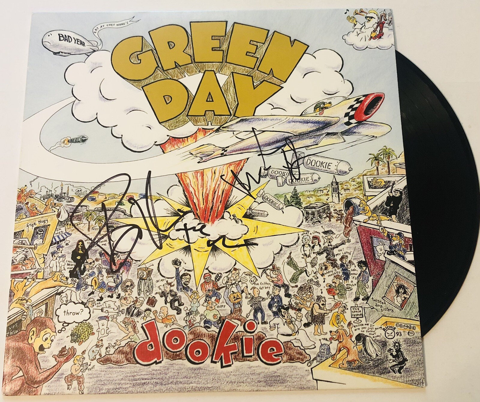 GREEN DAY SIGNED DOOKIE LP VINYL RECORD ALBUM BILLIE JOE ARMSTRONG TRE MIKE JSA