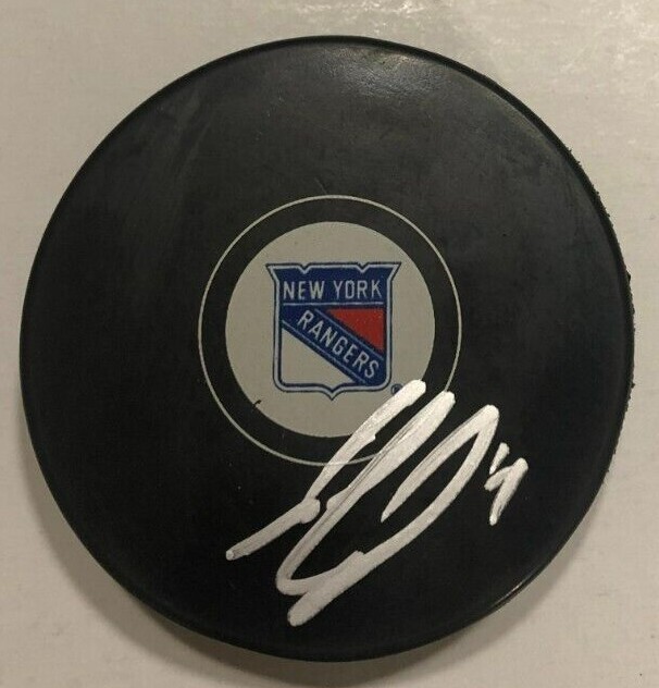 JULIEN GAUTHIER SIGNED NEW YORK RANGERS HOCKEY PUCK W/ CASE COA