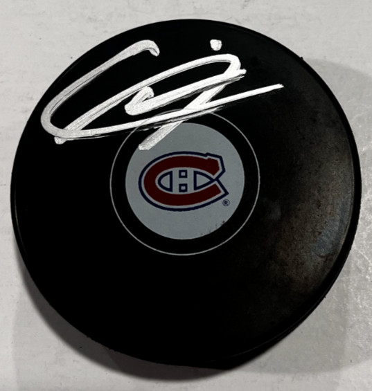ALEXANDRE CARRIER SIGNED MONTREAL CANADIENS HOCKEY PUCK W/ CASE COA