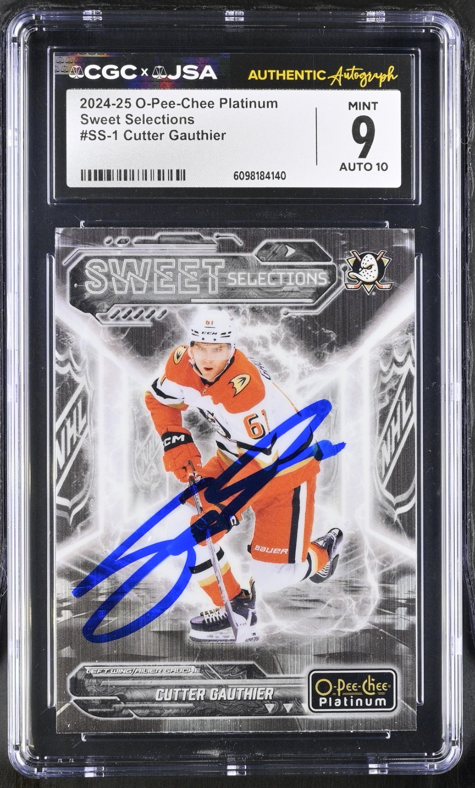 CUTTER GAUTHIER SIGNED 2024-25 O-PEE-CHEE PLATINUM CARD #SS-1 CGC 9 JSA 10 AUTO
