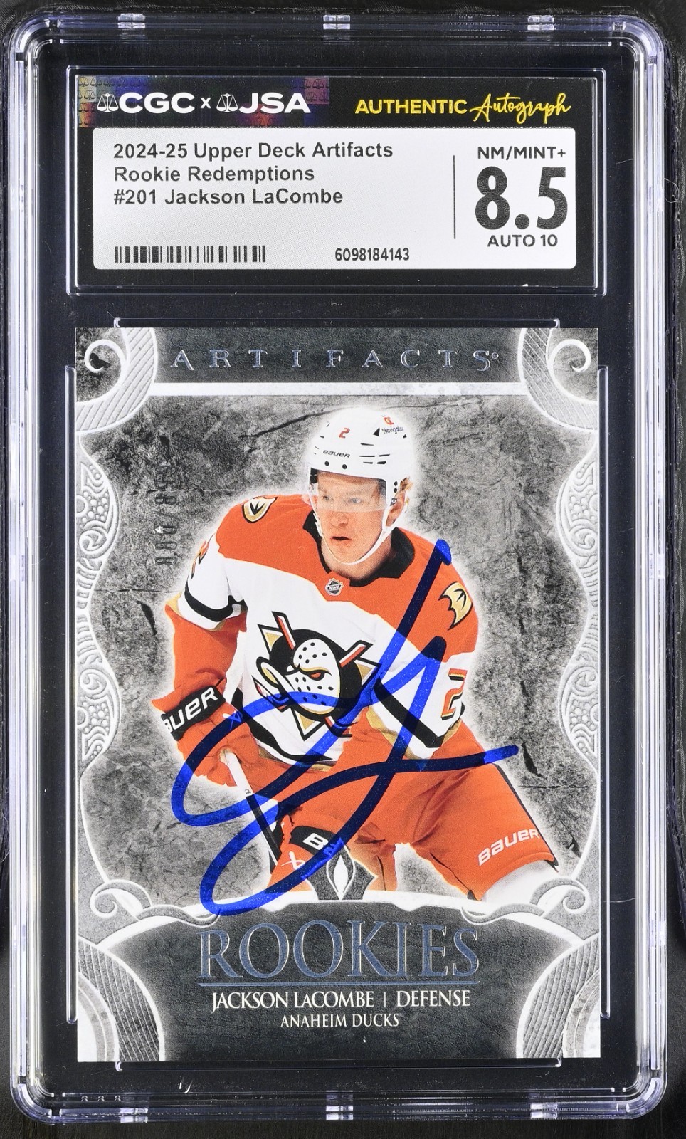 JACKSON LACOMBE SIGNED 2024-25 UPPER DECK ARTIFACTS CARD 201 CGC 8.5 JSA 10 AUTO