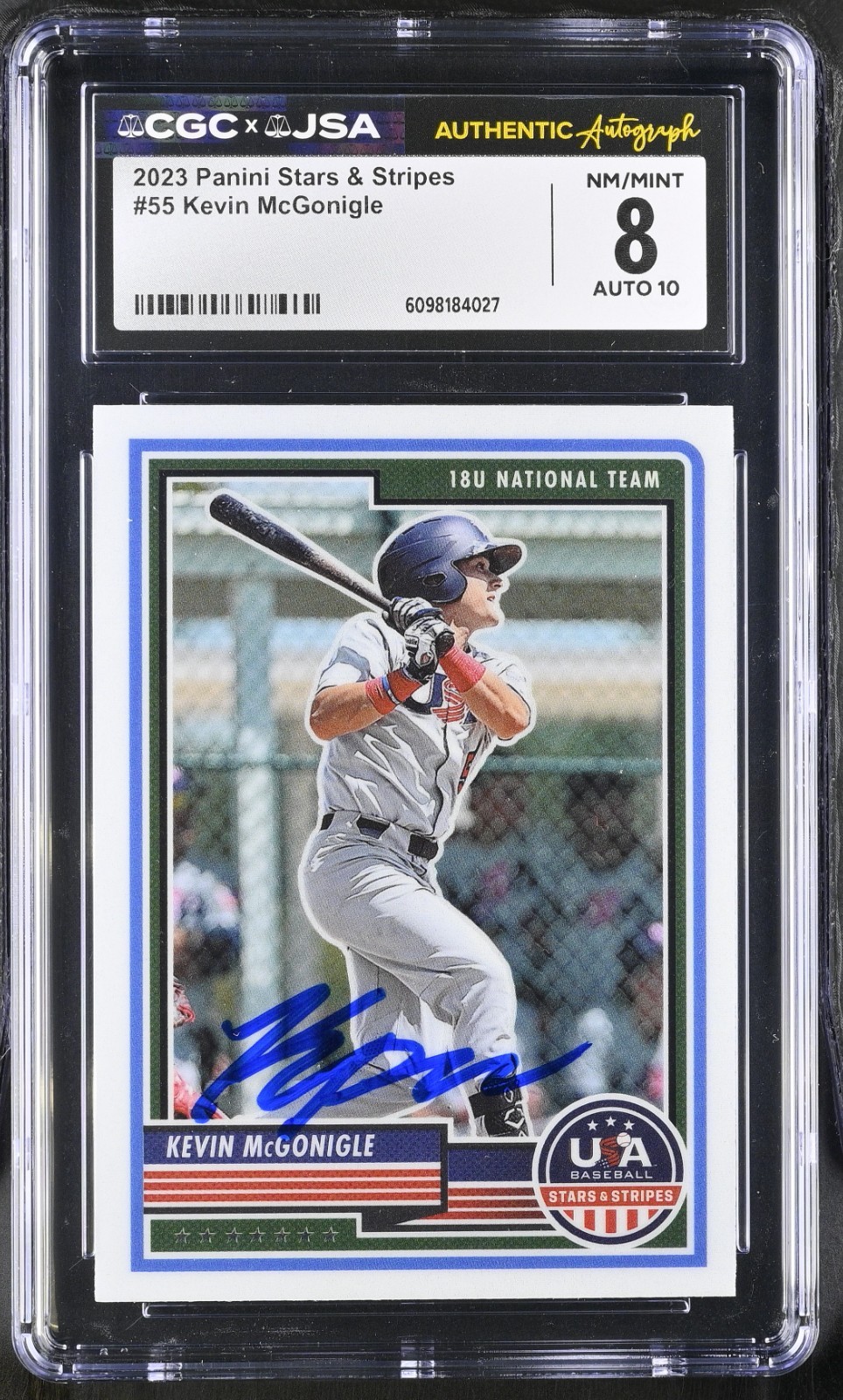 KEVIN MCGONIGLE SIGNED 2023 PANINI STARS & STRIPES CARD #55 CGC 8 JSA 10 AUTO