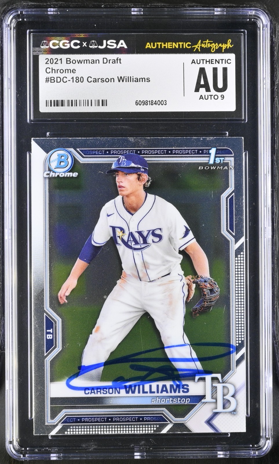 CARSON WILLIAMS SIGNED 2021 BOWMAN DRAFT CHROME CARD #BDC-180 CGC AU JSA 9 AUTO