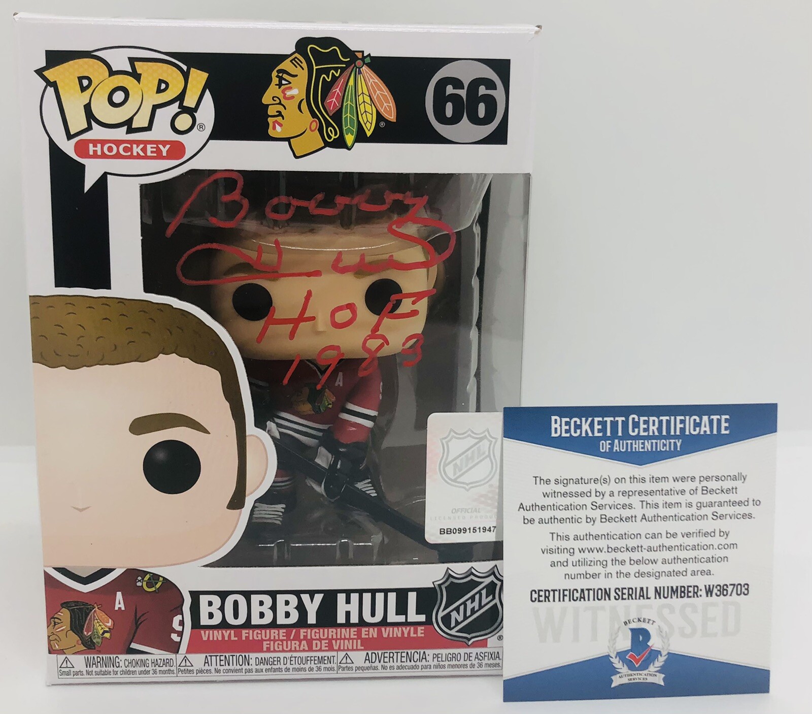 BOBBY HULL SIGNED POP FUNKO FIGURE NHL LEGEND CHICAGO BLACKHAWKS PROOF BAS COA