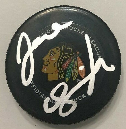 JOEL QUENNEVILLE SIGNED CHICAGO BLACKHAWKS OFFICIAL GAME HOCKEY PUCK W/CASE COA