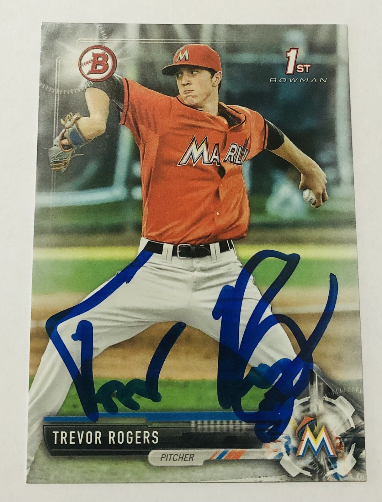 TREVOR ROGERS SIGNED 2017 BOWMAN DRAFT PROSPECT ROOKIE CARD MIAMI MARLINS AUTO