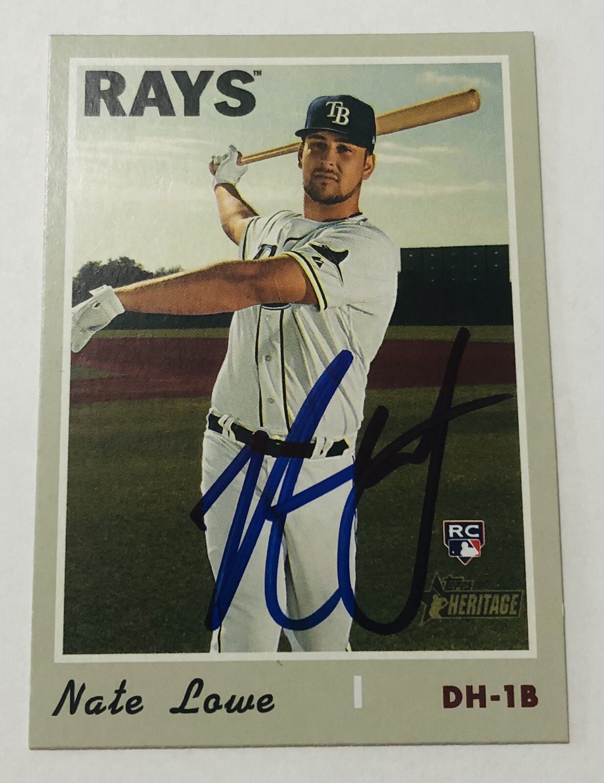 NATE LOWE SIGNED 2019 TOPPS HERITAGE ROOKIE CARD RANGERS RAYS AUTO